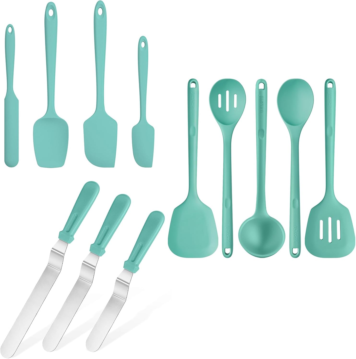 U-Taste Silicone Spatula Set 600°F Heat Resistant & 5-Piece 13.6in Kitchen Utensils 600ºF Heatproof & 3-Piece 6"/8"/10" Stainless Steel Offset Icing Spatulas (Aqua Sky)
