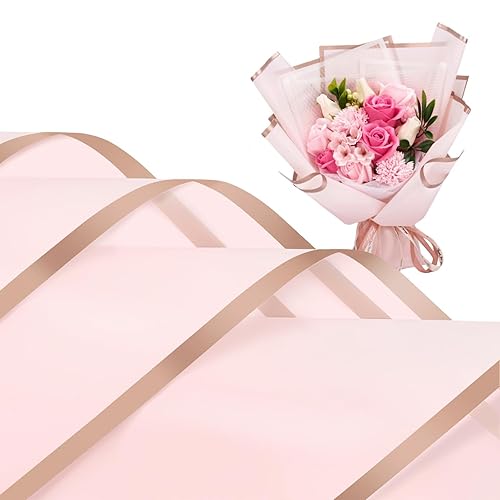 Jutieuo 20 hojas de papel de regalo de flores rosas, impermeable, borde dorado, papel de regalo para ramo de flores (22.8 x 22.8 pulgadas)