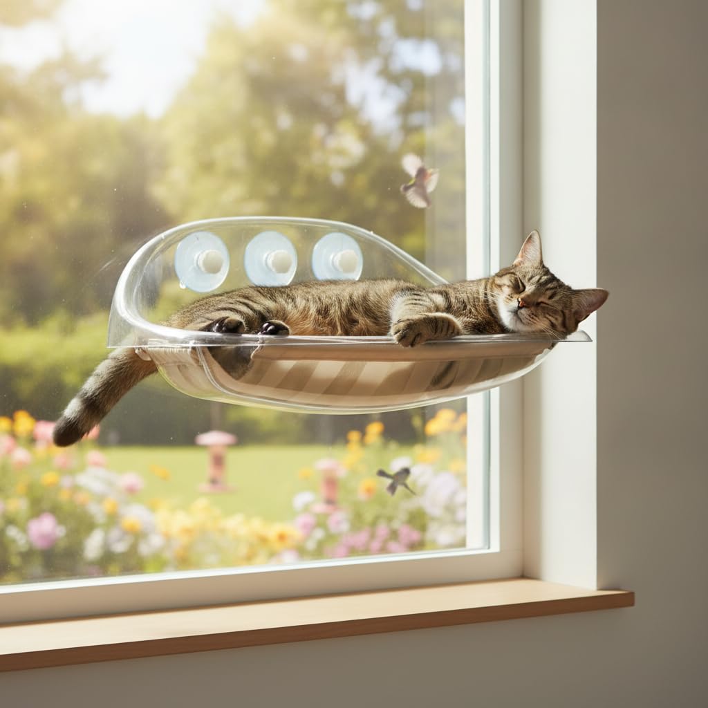 Perchoir Fenêtre Chat Transparent, Plastique - Facile à Nettoyer - hamac pour Chat - 52x32x21 cm - Caoutchouc - pour Les Chats