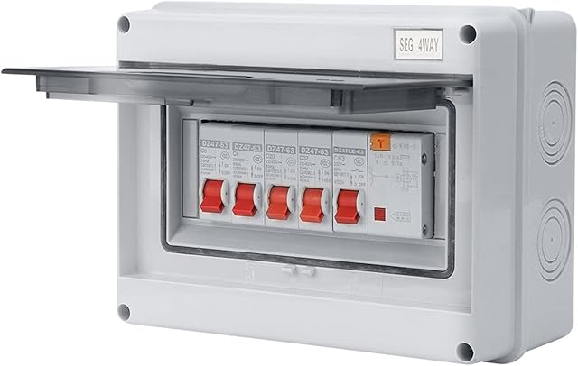 4 Way Garage Caravan Consumer Unit 63A 30mA RCD 4MCB 2 * 6A+20A+32A, Circuit Breaker Panel Garage Shed Caravan Leakage Circuit Breaker Box Fuse Board, IP65 Protective Plastic Shield Circuit Breaker