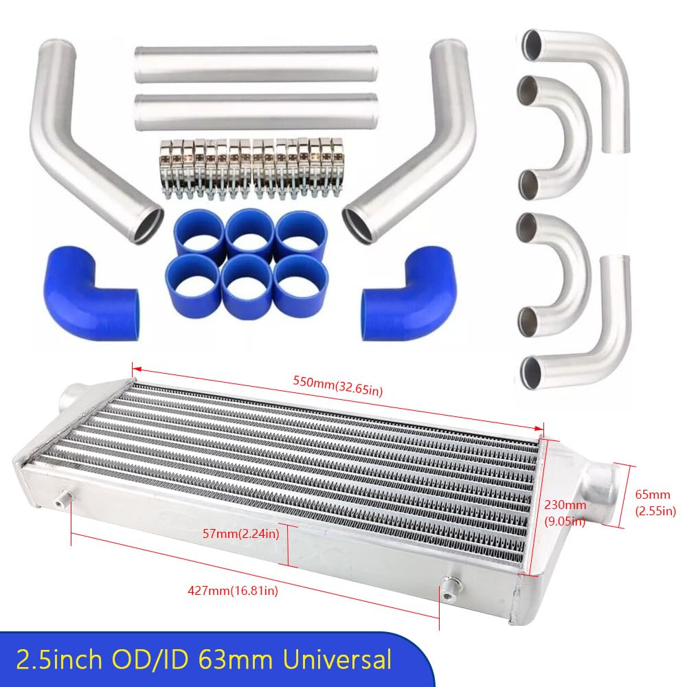 550x230x65 63mm+tubería de aluminio de 2,5"+ kit de manguera de silicona Intercooler para turbo Enfriador de aire de turbo | Intercooler de montaje frontal FMIC de refrigeración turbo