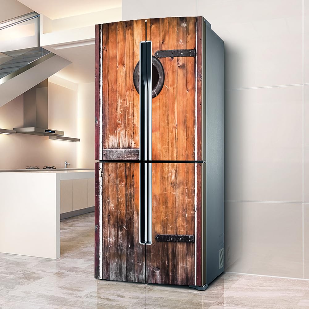 Fridge Sticker, Fridge Sticker Full Covering Door Covers Skins Wall Stickers for Kitchen Decal, Wooden Effect Retro hut(L: 100x180 cm)