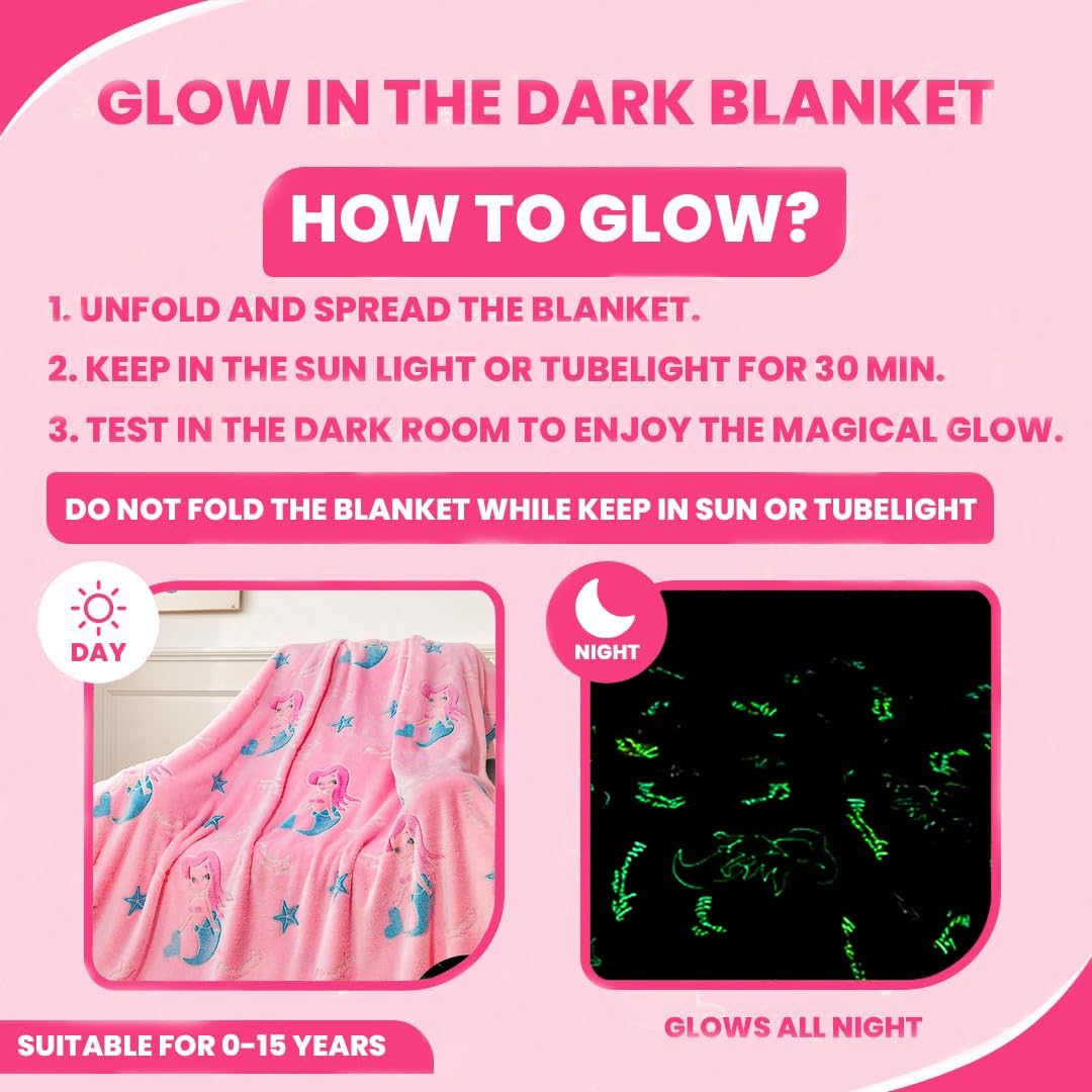 TONY STARK ULTRAAGLOW Glow in The Dark Blanket for Kids (0-15 Years, 200x152 Cm) Soft Flannel Fleece Throw, Cozy & Warm All-Season Radium Blanket for Boys & Girls (Pink Mermaid Moonbeam)