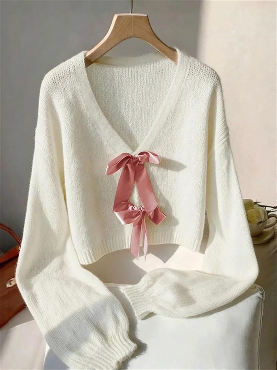 Women's V Neck Bow Knitted Sweater All Match Casual Long Sleeve Jumpers