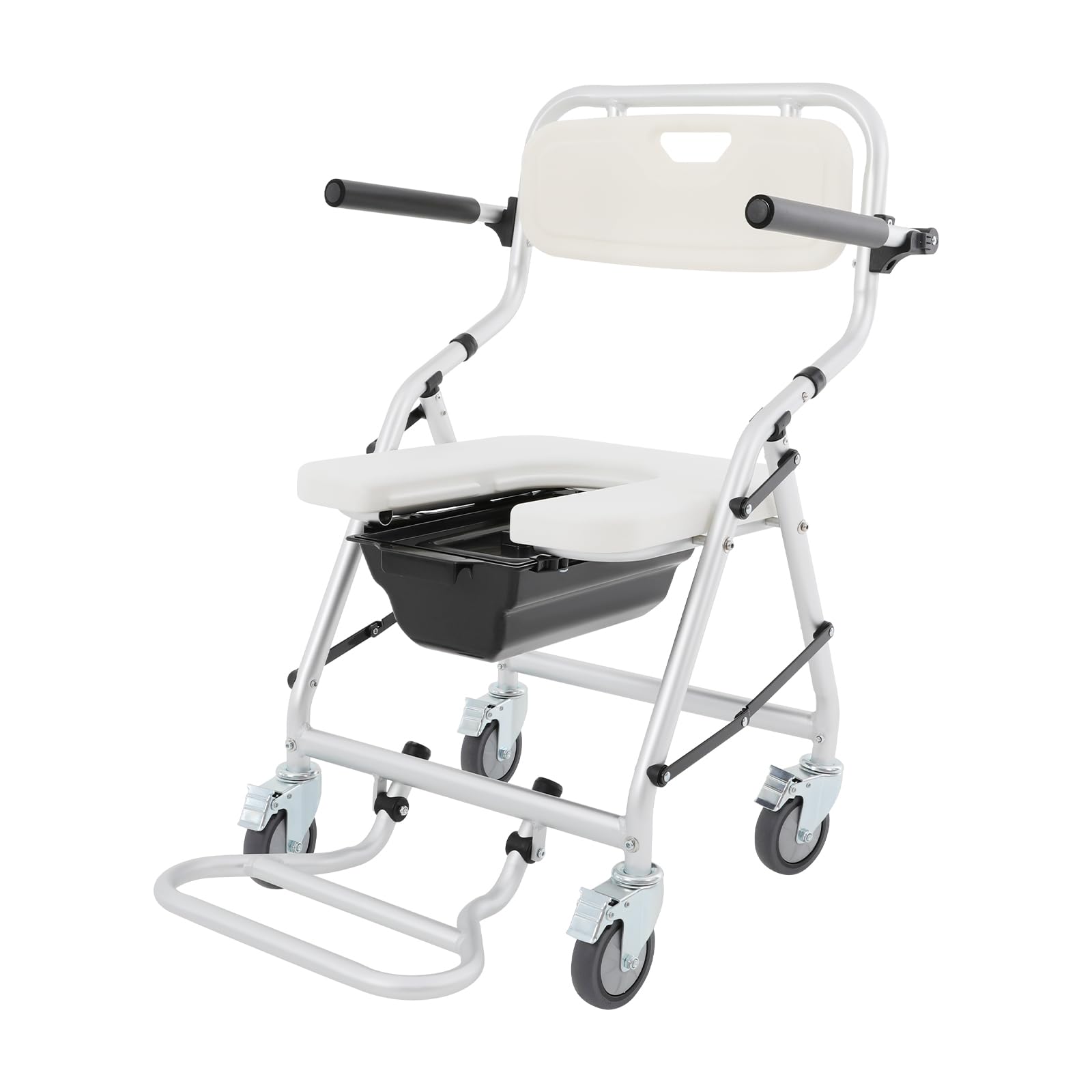 Silla de baño plegable para personas mayores, 50 × 64 × 88 cm, portátil, silla de ducha con ruedas, altura regulable, taburete plegable con asiento y cubo, hasta 150 kg