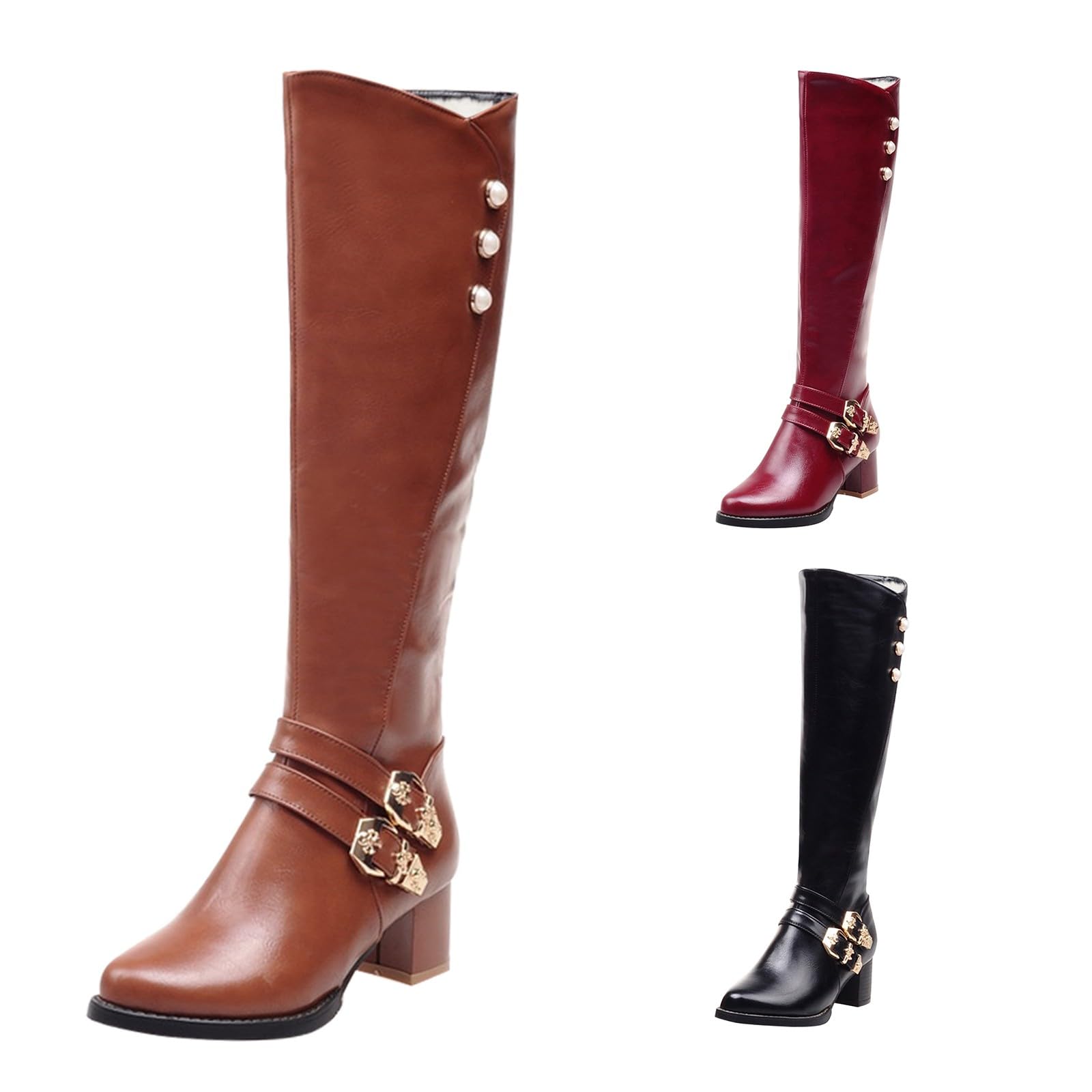 Stivali alti al ginocchio da donna con tacco a blocco grosso a punta con cerniera in pelle PU stivali di grandi dimensioni eleganti eleganti accoglienti scarpe casual autunno inverno, B caffè, 42.5 EU