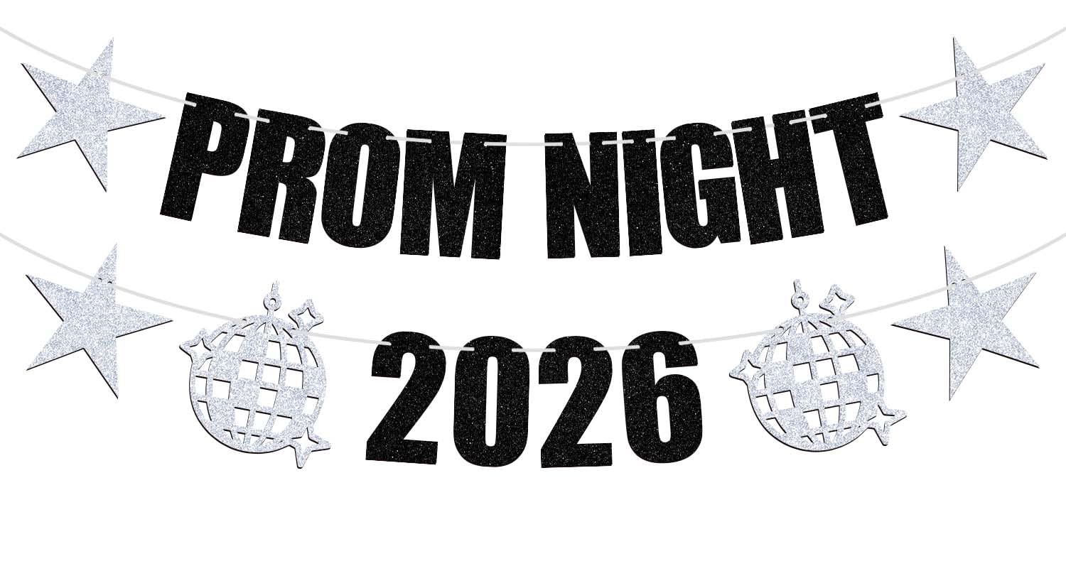 Prom Night 2026 Banner, High School College Prom Sign Photo Props, Class of 2026 Graduation Party Decorations Supplies, Black Glitter