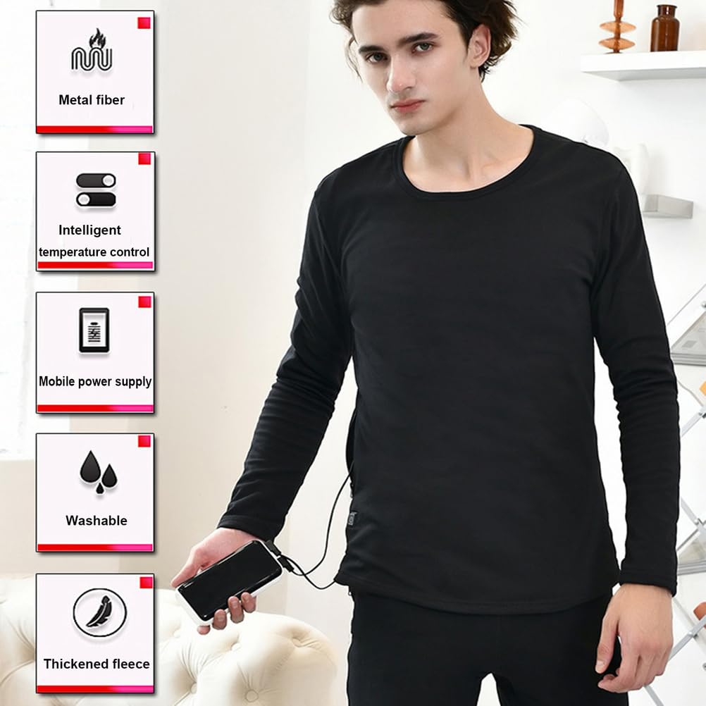 Conjunto de Ropa Interior Térmica Eléctrica para Hombre, Capa Base Lavable y Calefactable, Ropa Térmica de Invierno con 9 Zonas de Calentamiento,L