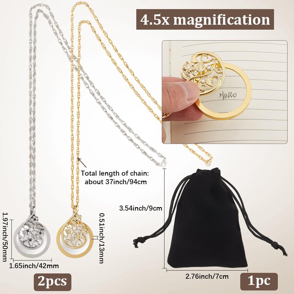1 Box 2Pcs 4.5X Magnifier Necklace Silver Magnifying Pendant Necklace Gold Vintage Bling Flower Long Chain Alloy Page Reading Charms Findings for Jewelry Pendants Supplies DIY Crafting Decor image 2