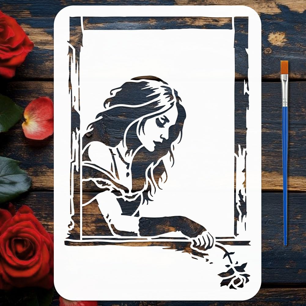 FINGERINSPIRE Windowsill Girl Stencils with Paint Brush 21x29.7cm Banksy Little Girls Stencils Banksy Girl by the Window Pattern Stencil for Painting on Wood Wall Furniture DIY Home Decor