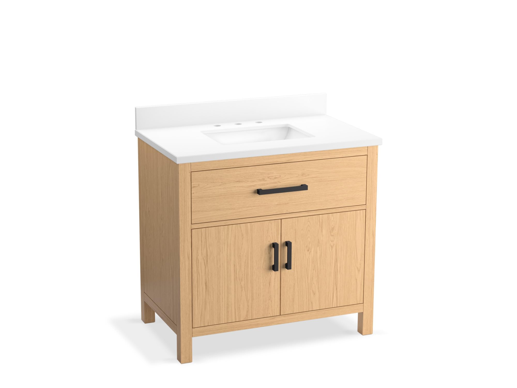 KOHLER Kresla 36 Inch Bathroom Vanity Cabinet with White Single Sink and Quartz Top, Modern Bathroom Storage, Light Oak. 1 Cabinet with shelf, pull down top drawer compartment, black handles, Depth:22.44 in. Height:39.68 in. Nominal Width:30 in.