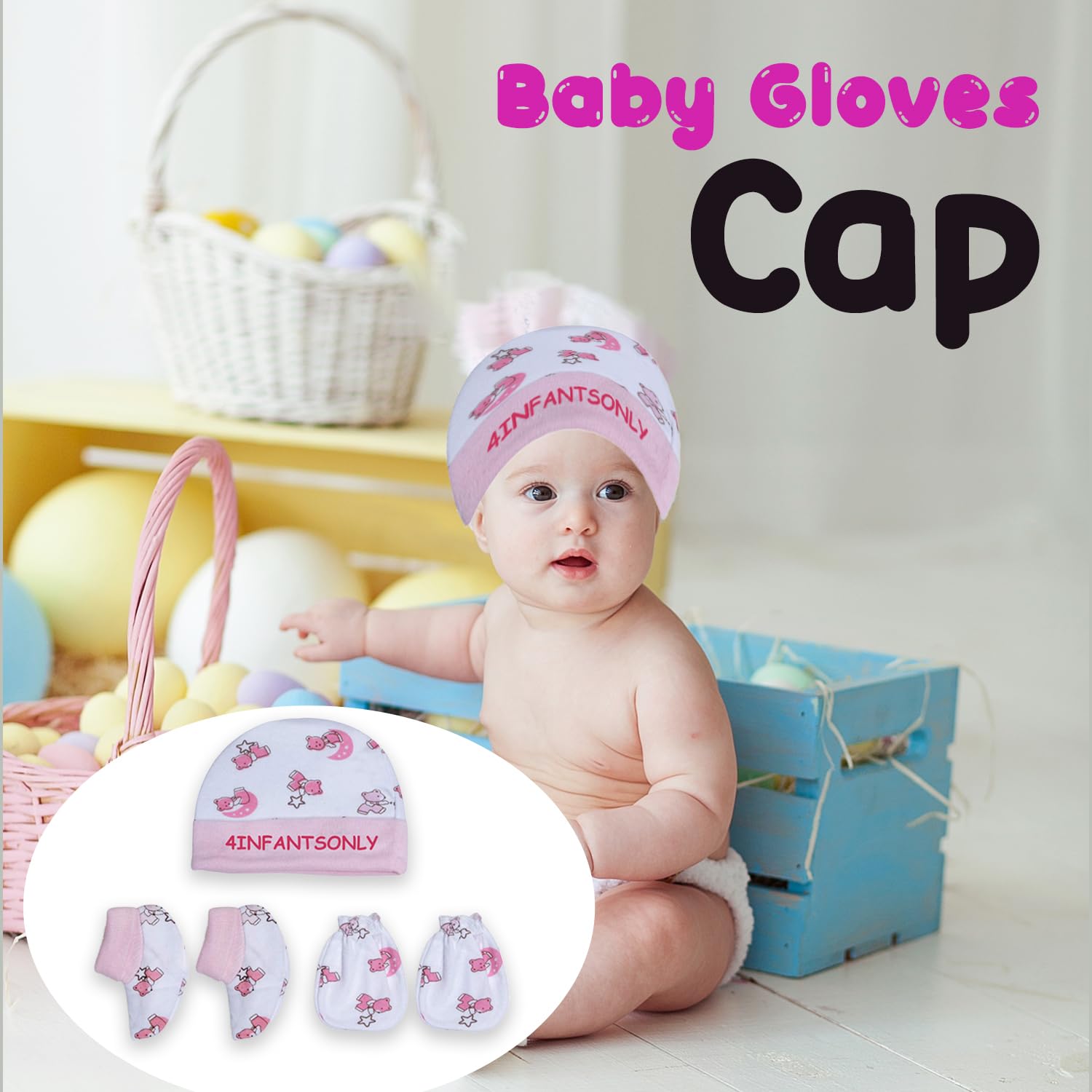 4INFANTSONLY® New Born Baby Cotton Cap, Mitten and Booties Combo | Infant Cap Set | Mittens, Bootie Set | Kids Gloves & Socks Sets | Baby Gift - 0-3 Month -(Pack of 3) 1