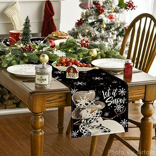 Image of Artoid Mode Black Snowman Snowflake Let it Snow Winter Table Runner, Christmas Kitchen Dining Table Decoration for Home Party Decor 13x72 Inch