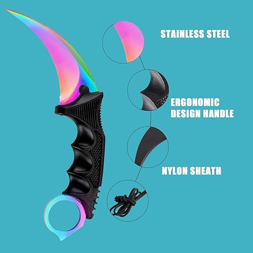 Miniatura 8 de Karambit Cuchillo de hoja fija, herramienta táctica de camping, 2 piezas de acero inoxidable para caza al aire libre con funda y cable, adecuado