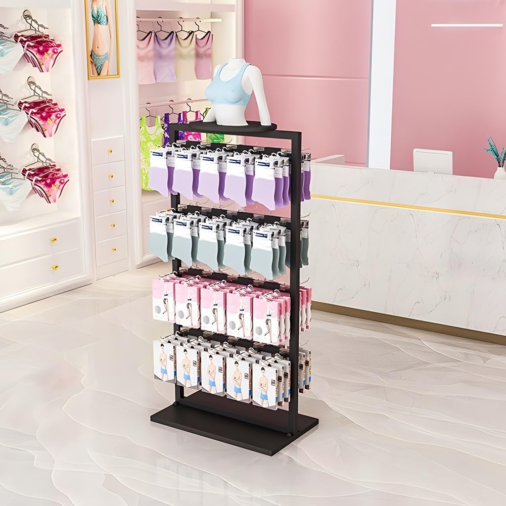 YNBSHGAA Sock Display Rack with 40 Hooks, Multi-Layer Freestanding Storage Rack for Retail Clothing Stores, Supermarkets,Black-65x40x135cm