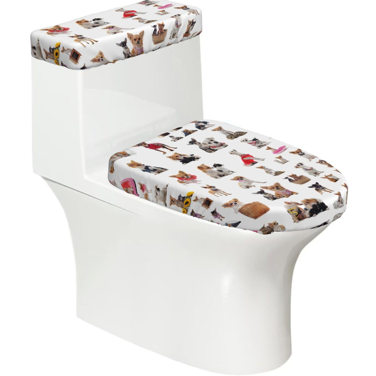 Cute Chihuahua Pug Pattern Printed Toilet Tank and Lid Cover Set of 2 for Most Bathrooms, Fits Elongated Round Toilets