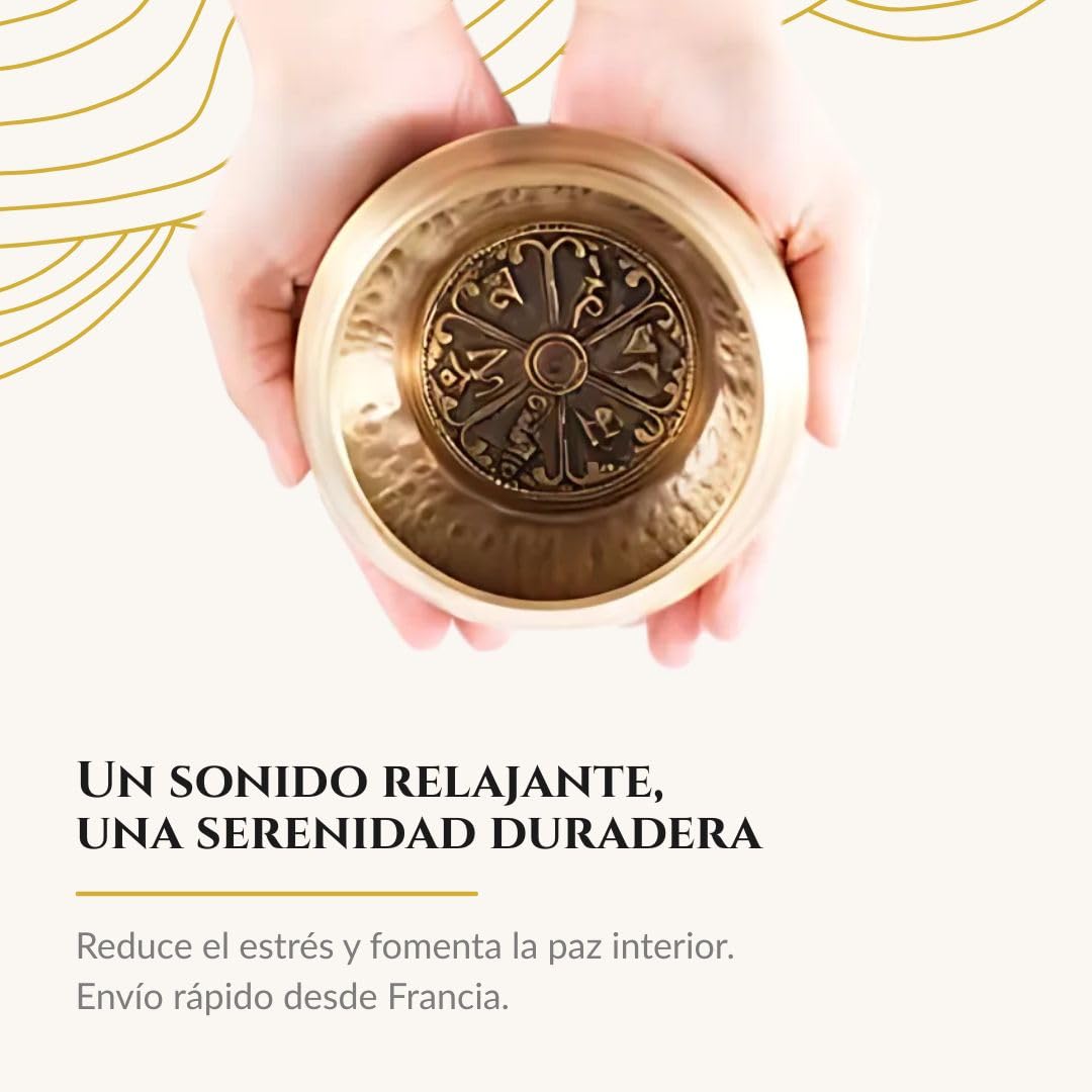 Cuenco tibetano de meditación hecho a mano en la ciudad nepalí de Bhaktapur | 450 g – 11,5 cm de diámetro | + Caja en papel nepalí con cojín | + Cuenco | + Mazo de madera