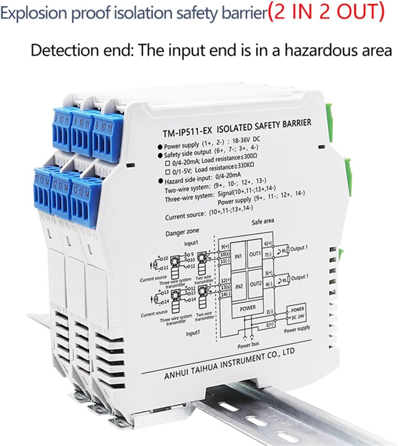 Explosion-Proof Isolator Multi-Channel 0-10V 4-20mA Digital Output Intrinsically Safe Isolation Barrier Din Rail Analog Signal (Color : 2 IN 2 OUT, Size : DC18-36V)