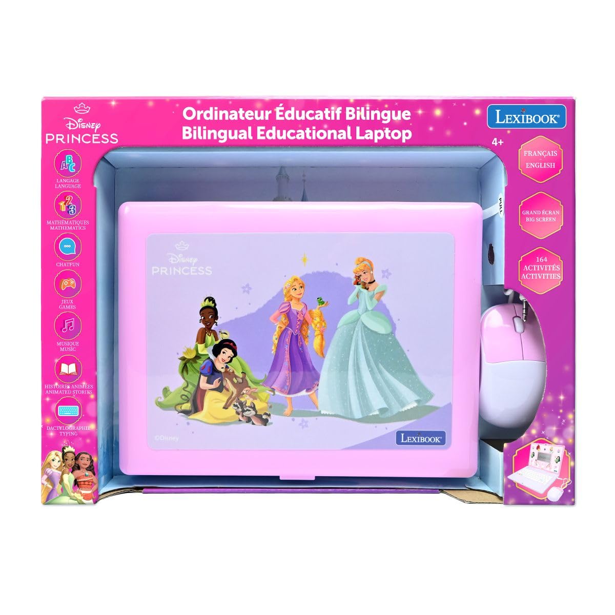 Lexibook, Disney Princesses Ordinateur Éducatif Enfant, JC601DPi1 | Anglais/Français, 164 activités, Jeux éducatifs, souris et clavier, Grand écran