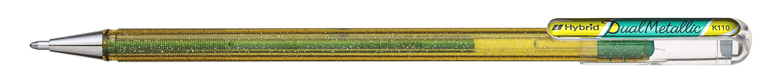 Pentel Hybrid Dual Metallic Gel Ink Rollerball Pens Metallic K110, Metallic Green + Yellow, Pack of 12