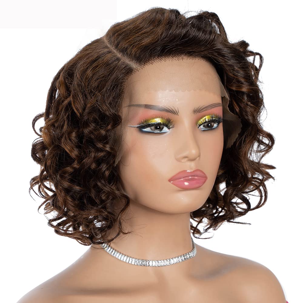 Rebecca Fashion Water Wave Bob Lace Front Wigs Human Hair 13x5.5x0.5 Large C Part Side Lace Front Wigs for Women 100% Brazilian Virgin Human Hair (