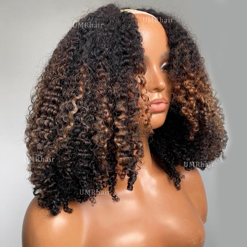 12inch Ombre Balayage Highlight Curly U Part Wig Human Hair 130% 4x2 inch Afro Kinky Curly FB30 Glueless Human Hair Upart Wigs for Black Women Full Head U Shape Clips in Half Wig No Leave Out 4B4C
