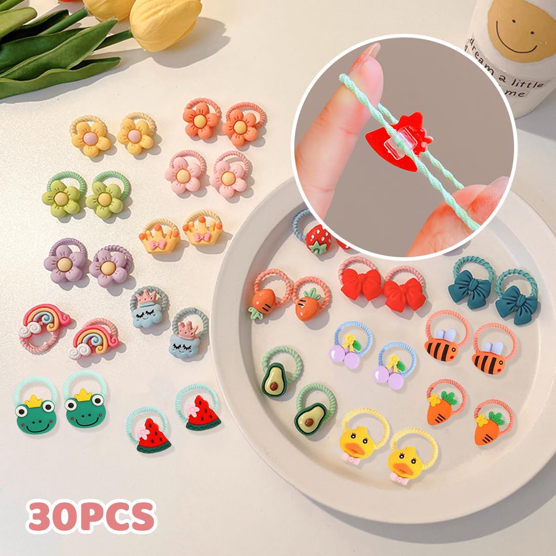 30 Pièces Élastiques Cheveux Fille, Élastiques Cheveux Bébé, Chouchous Cheveux Fille, Petits Élastiques Cheveux, Pour Petits Enfants et Bébés (Fruits, Animaux, Fleurs)