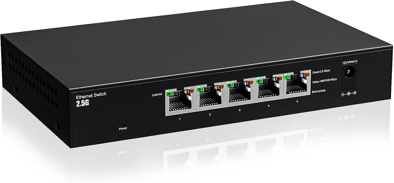 5 Port 2.5G Ethernet Switch, Unmanaged Multi-Gigabit Network Switch, 2.5Gb Switch for Gaming, NAS, PC, Laptop, Smart TV, Plug & Play, Fanless Design, Desktop (Black)