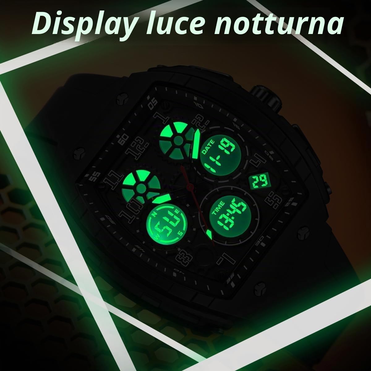 Orologio da uomo digitale analogico alla moda, impermeabile, sportivo, militare, tattico, casual, al quarzo, orologio da polso con cronometro LED, conto alla rovescia, allarme, schermo curvo per uomo
