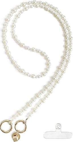 Pearl Phone Lanyard Crossbody + Cell Phone Wrist Strap Charm, Chain, Bracelet, String, Wristlet for iPhone or Any Phone with Tether Tabs