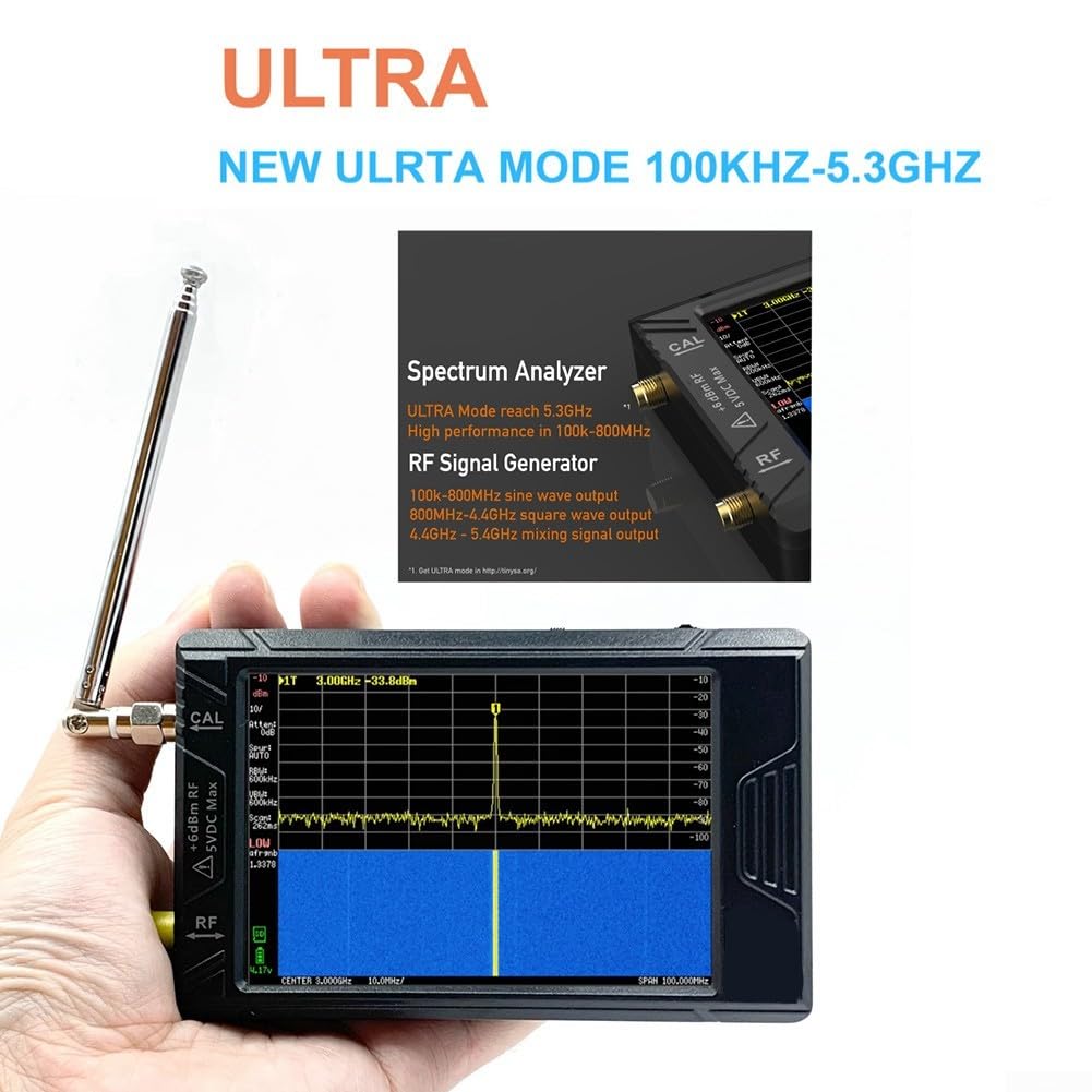 Analizador de Espectro Ultra Tiny-SA, Pantalla táctil de 4" Analizador de frecuencia pequeño portátil de 100 kHz a 5,3 GHz con Tarjeta de 32 GB Generador de señal 2 en 1