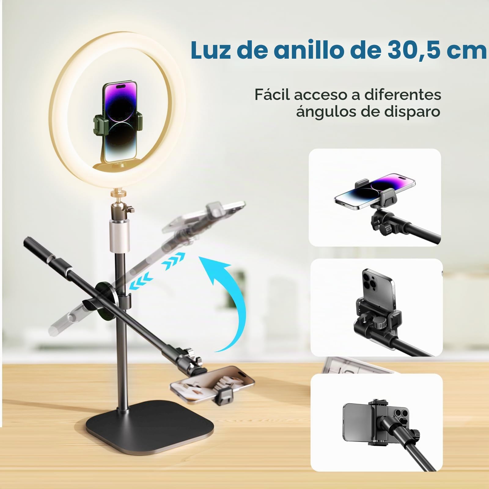 UBeesize 30.5cm Anillo de luz LED con trípode para teléfono móvil, trípode para teléfono móvil con anillo de luz anular, luz LED regulable para grabación de vídeo
