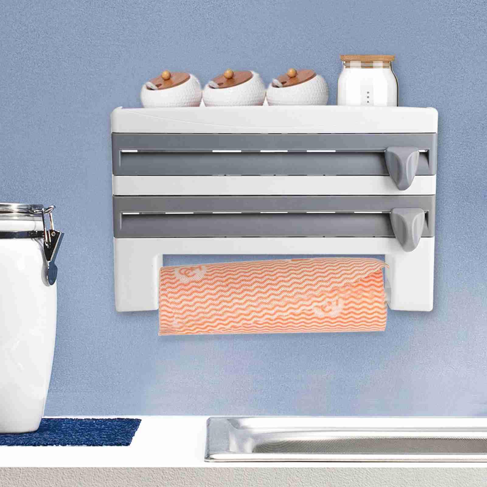 Desbobinador de Film Transparente para Alimentos, Soporte de Pared para Toallas de Papel y Film, Estante de Cocina Multifuncional para Almacenamiento, Diseño Moderno en Gris y Blanco