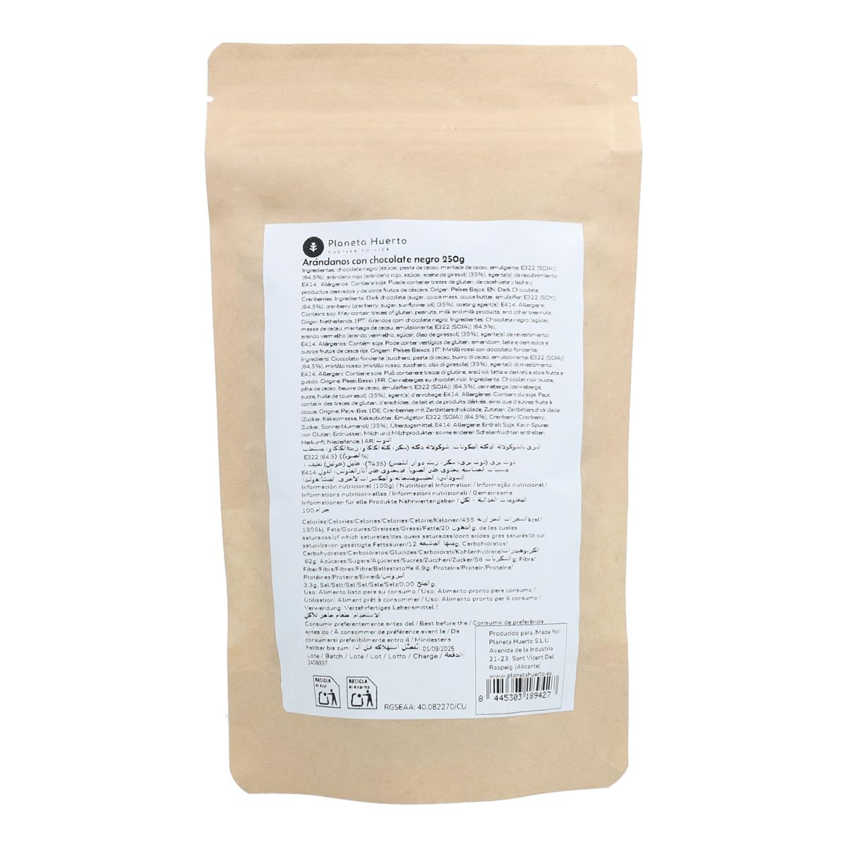 PLANETA HUERTO | Arándanos con Chocolate Negro 250g – Arándanos Snack Saludable de Fruta Deshidratada Recubierta con Chocolate Amargo, Rico en Antioxidantes y Sabor Intenso