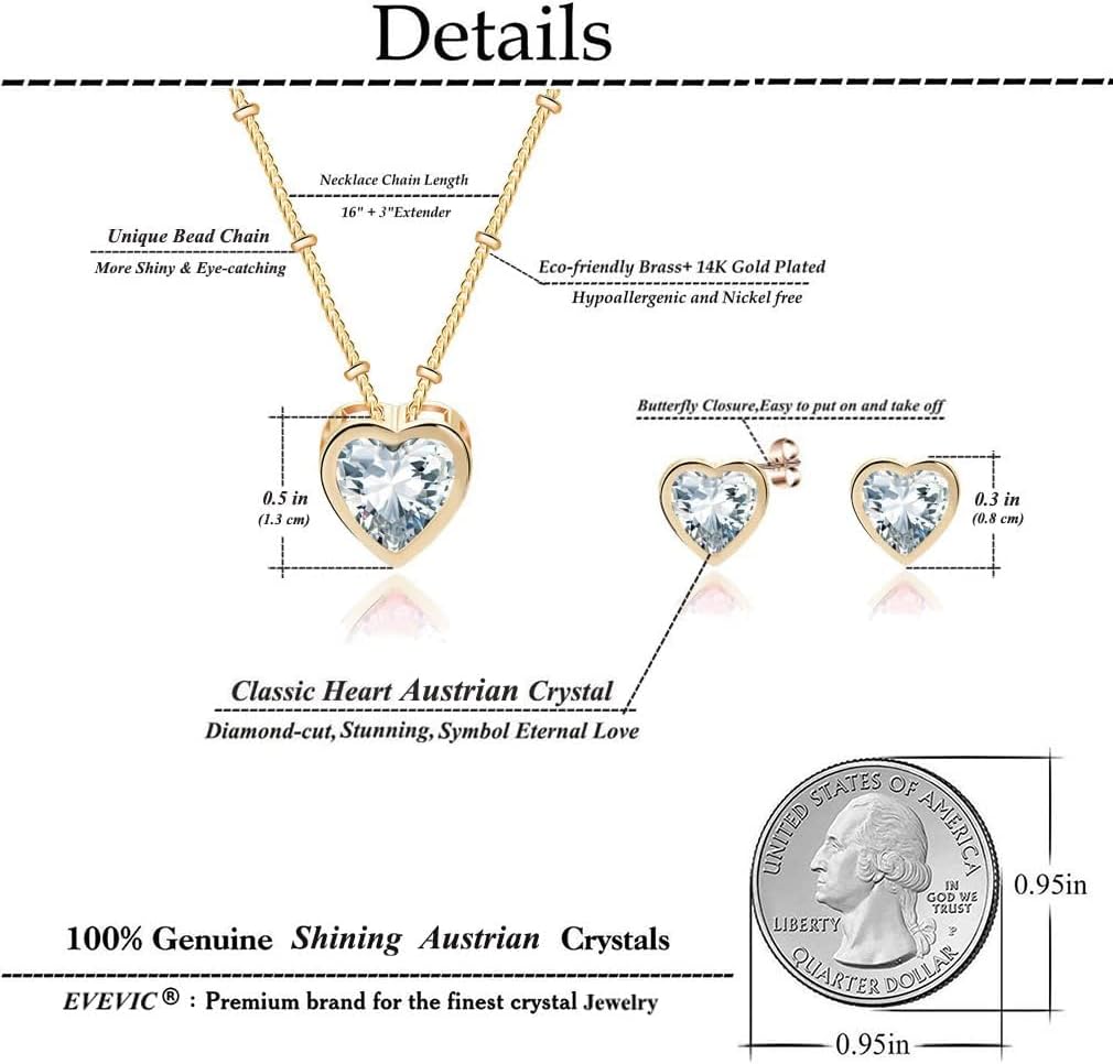EVEVIC Austrian Crystal Heart Pendant Necklace Earrings for Women 14K Gold Plated Hypoallergenic Jewelry Set - Image 4