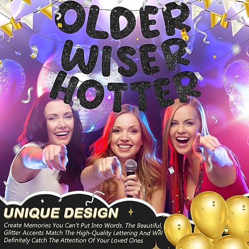 Image of Fulmoon Set of 3 Pre Strung Older Wiser Hotter Glitter Banner Funny Birthday Banner for Women 30th 40th 50th 60th 70th 80th Birthday Party Decorations Sign Gift(Black)