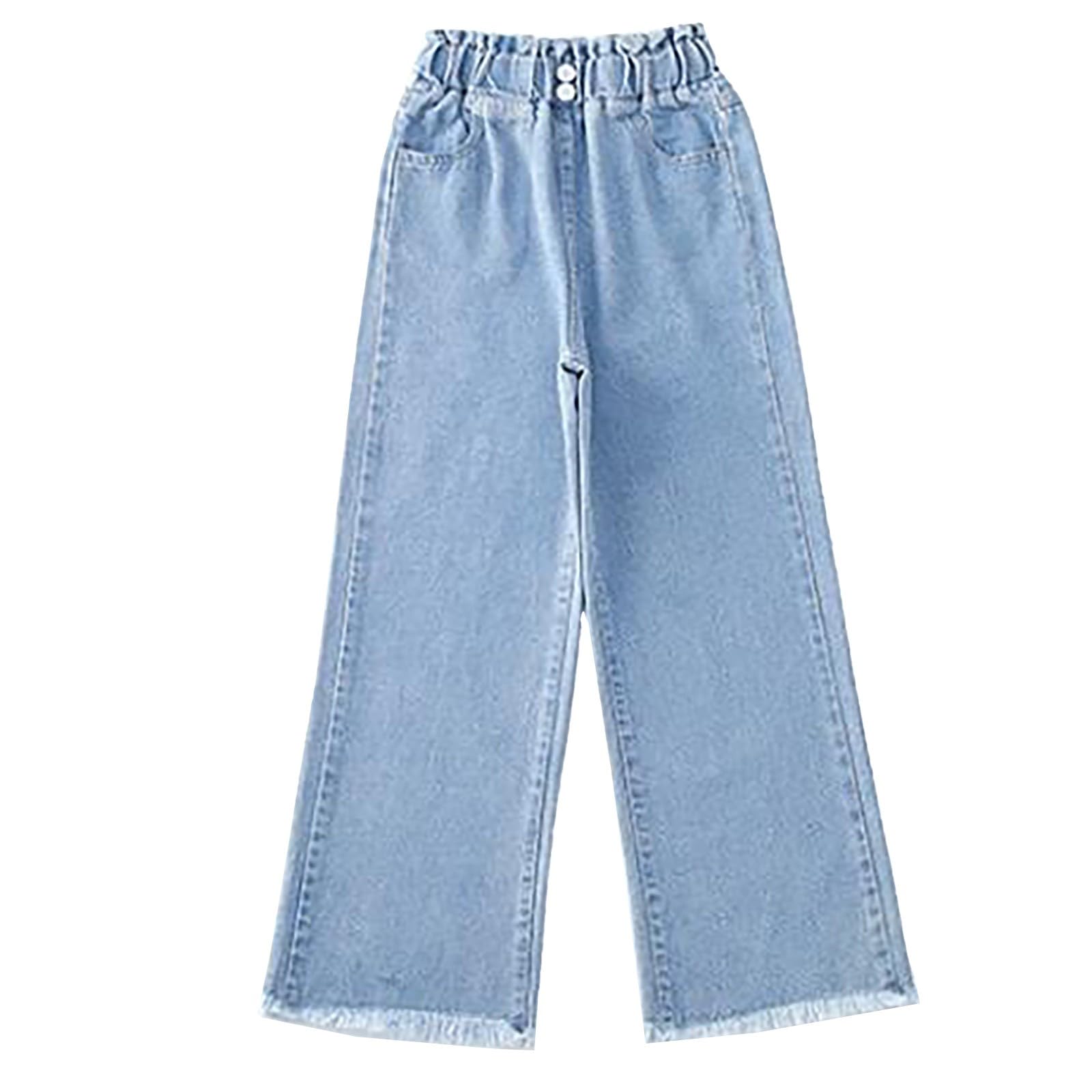 Girls Baggy Wide Leg Jeans Elastic Waist Denim Pants Child Straight Leg Casual Jeans with Pockets (Blue, 8-9 Years)