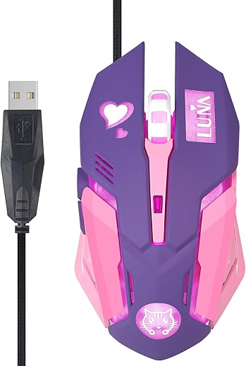 HXMJ Lovely Wired USB Computer Mouse,7 Colors Backlit,Silent Buttons,3200 DPI,for MacBook,Computer PC,Laptop (D.VA) -Pink