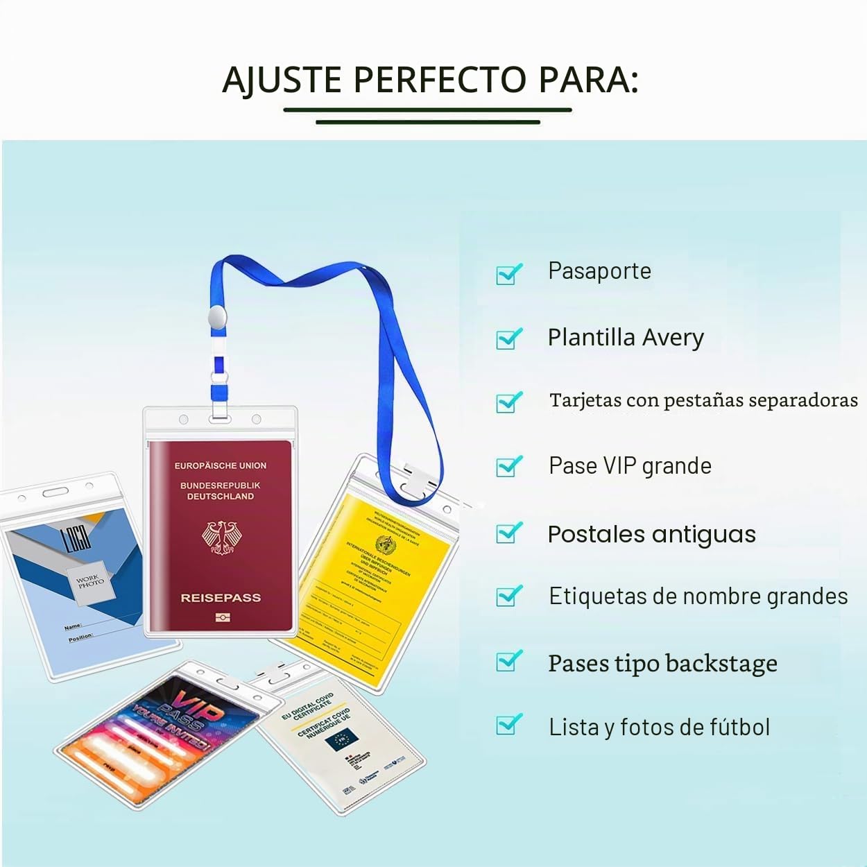 A6 Porta credenciales, paquete de 6, 11x16 cm, impermeables con correa, porta credenciales transparentes de gran tamaño para empresa, exposición, grupo