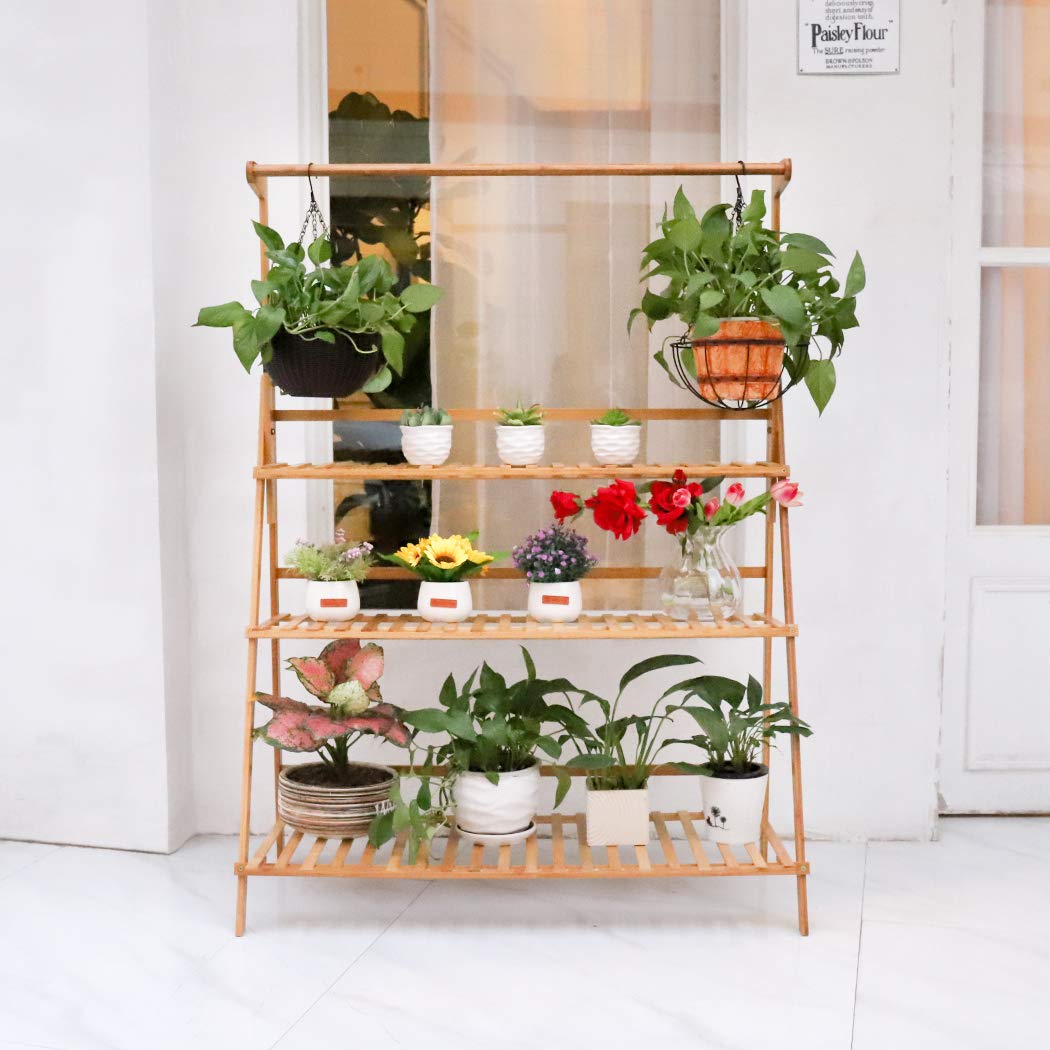 medla Blumenregal Pflanzentreppe aus Bambus für mehr Pflanzen und Blumenampel, Blumenständer Klappbar mit Höhenverstellbar Hängestange für Innen-Balkon Wohzimmer Outdoor Garten Dekor, 100 x 40 x 96cm
