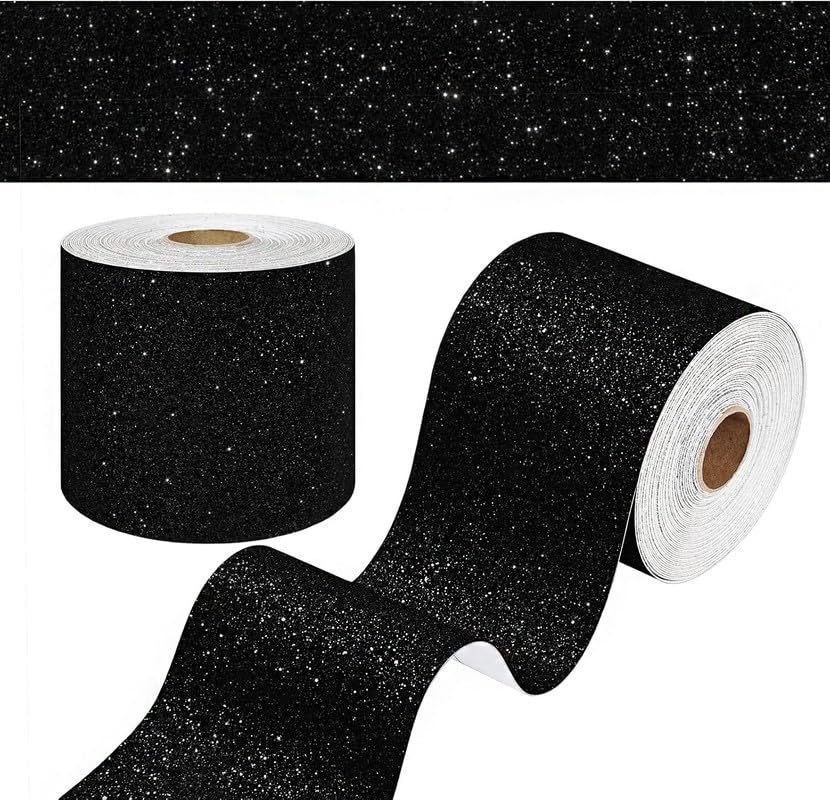 ONE2ONE ENTERPRISES Black Glitter Wallpaper Border Peel and Stick Wall Border Sparkle Black Contact Paper Self Adhesive Removable Glitter Wall Borders for Girls Bedroom Dresser DIY Crafts 6x120 Inch