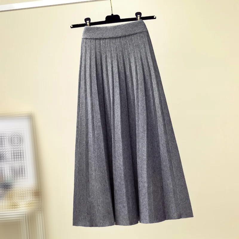 REHJJDFD Jupe plissée mi-longue en tricot pour femme - Automne et hiver - Bleu - Taille haute