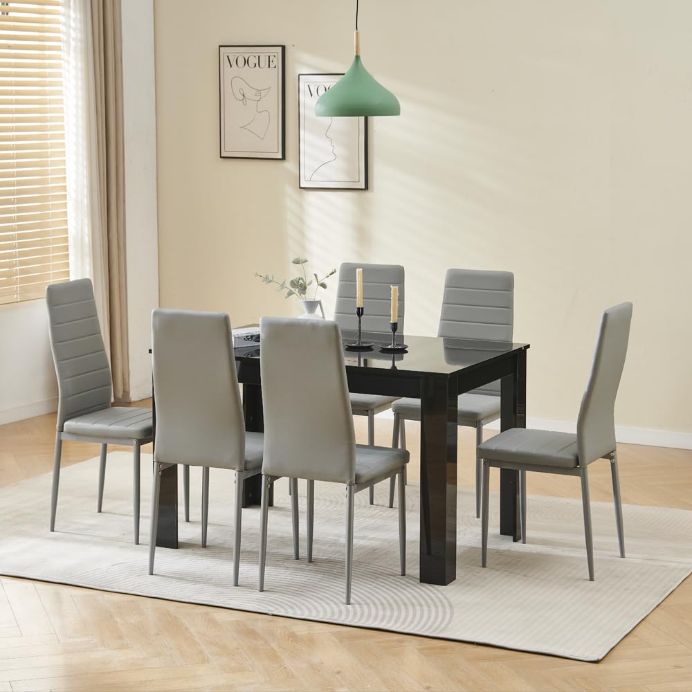 Menaka Wood Dining Table and Chairs Set of 6, Small Rectangular Kitchen Dinner Table with 6 Seaters (Line Grey Leather Chairs, 120m high gloss black table, 6 seaters)