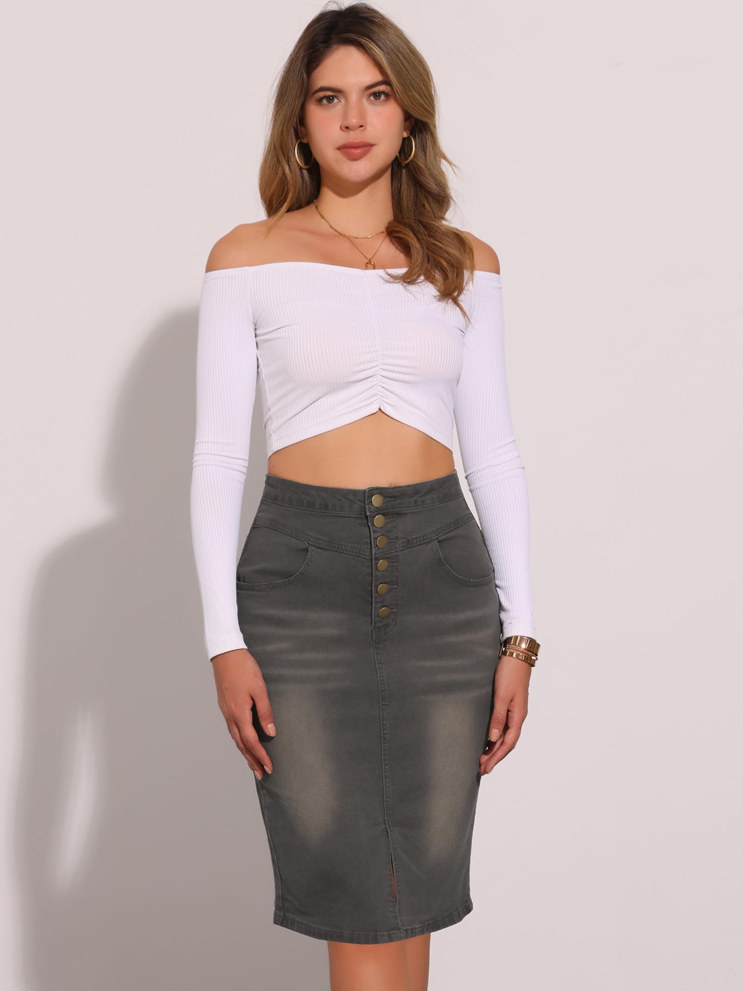 Allegra K Falda Vaquera Midi Informal para Mujer Faldas Vaqueras Recto