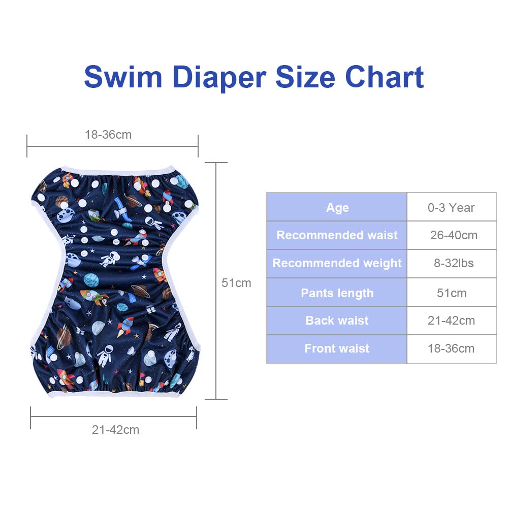 Vicloon Pannolino da Nuoto, 2 Pannolini Lavabili Pannolini da Nuoto, Costume Piscina Regolabile Riutilizzabile Costumi per Bambini, Impermeabile Pannolino Piscina, Cosmico Blu e Robot Bianco, 0-3 Anni