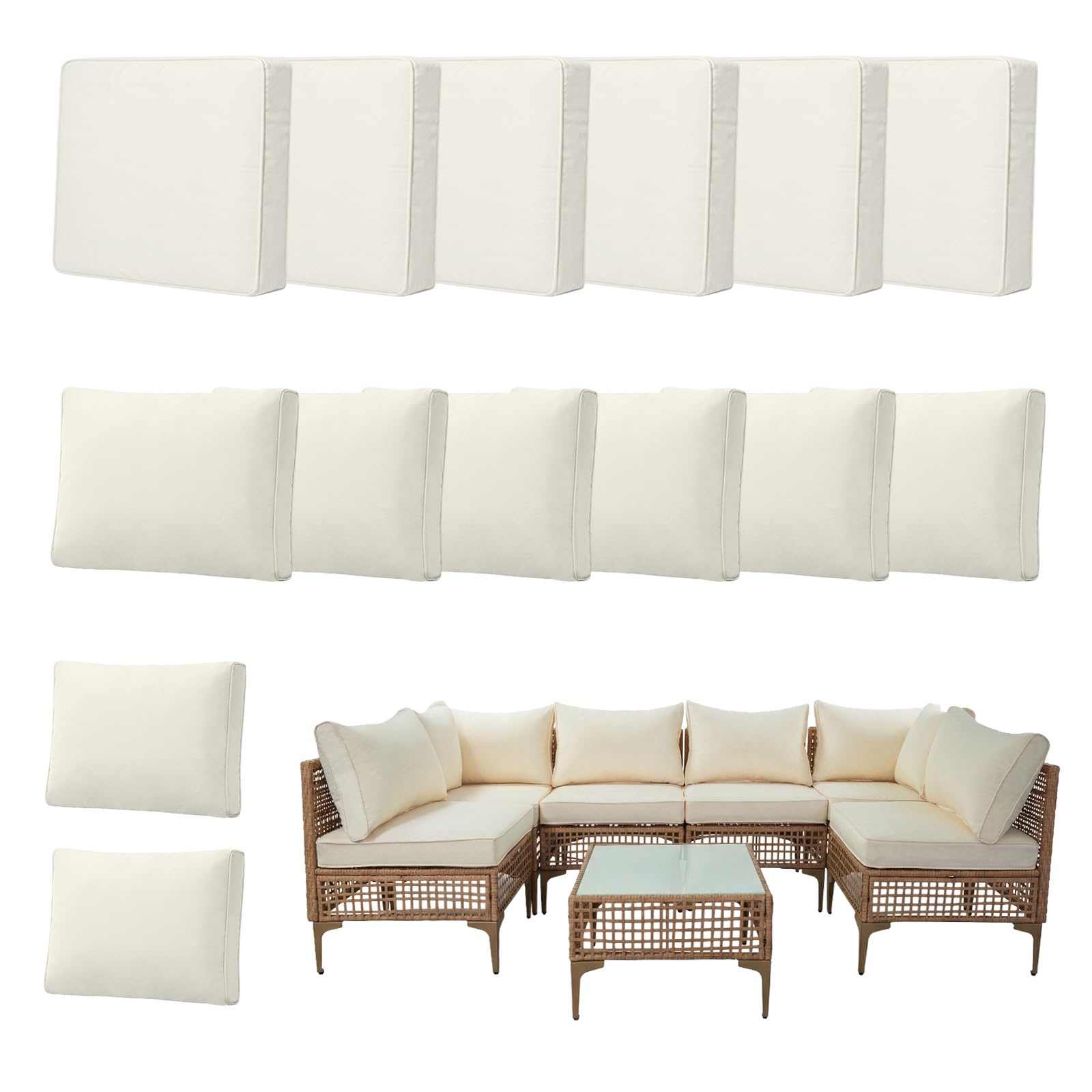 Photo 1 of 14pcs Outdoor Patio Cushion Covers Replacement, 24" Zippered Outdoor Cushion Covers Waterproof, UV Resistant & Washable Patio Furniture Cushion Covers Waterproof for Patio Sectional, Covers Only Beige