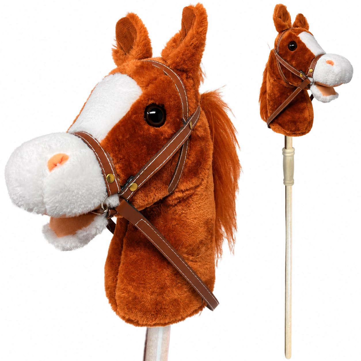 Playful Minds Horse Riding Stick | Handcrafted Plush Hobby Horse Sticks | Handsewn Head, Sturdy Wood Stick | Plus Neighing &amp; Clip-Clop Sounds for Kids Toddlers Preschoolers | Chestnut Red Style