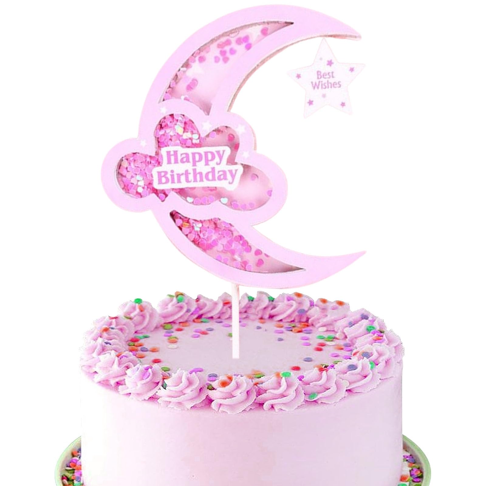 Pink Sequin Moon Shape Happy Birthday Cake Topper - Paper Cloud and Star Decorations for Girls and Women Birthday Cakes