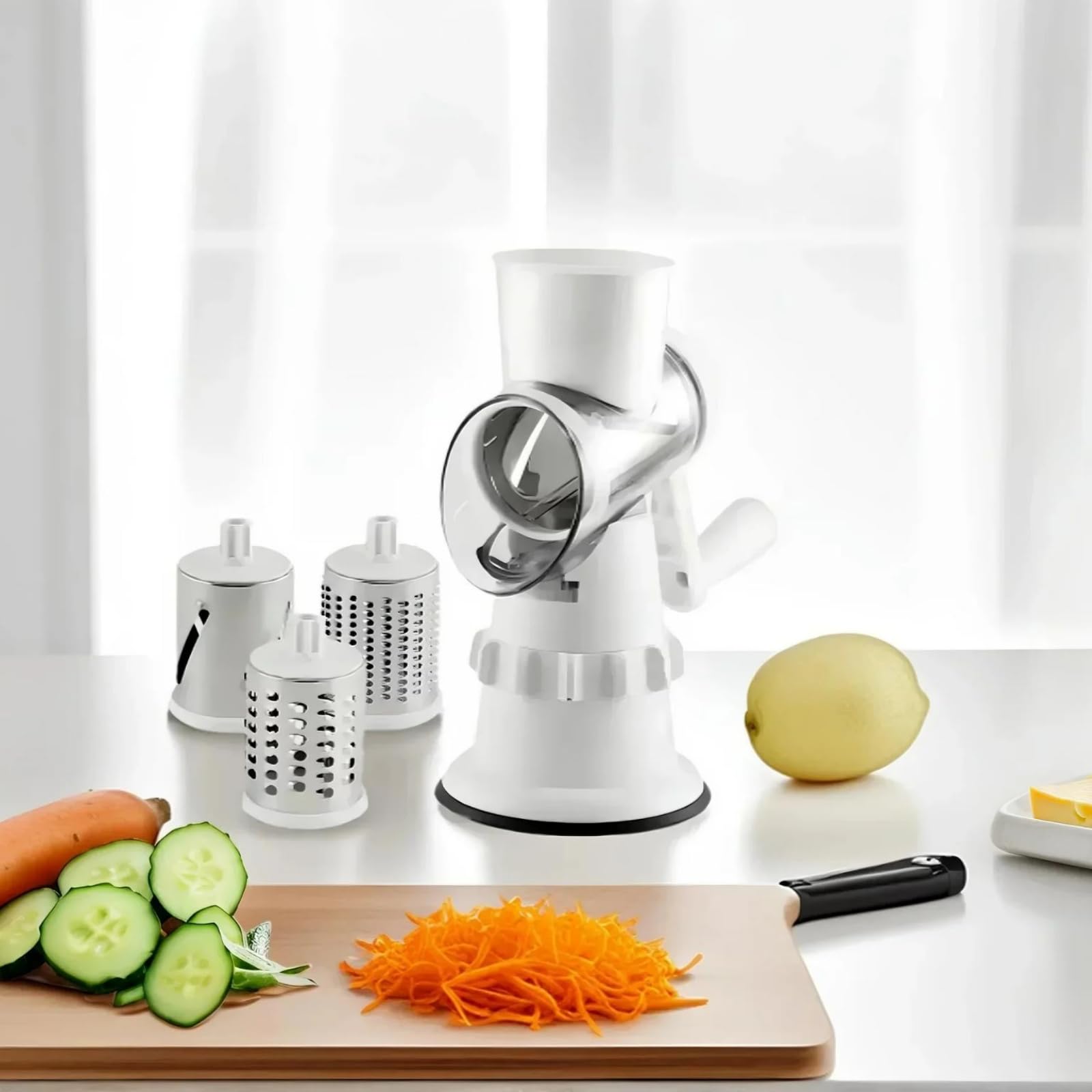 Flinbius Manual Vegetable Chopper & Cheese Grater, 3-in-1 Handheld Slicer Shredder with Stainless Steel Blades, Ergonomic Crank Handle for Kitchen, Safe & Easy to Use for Onion/Potato/Salad Prep