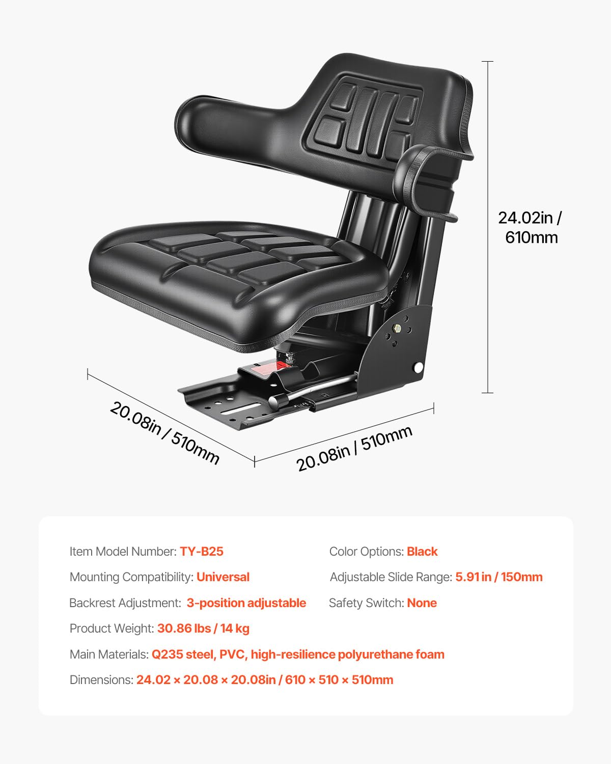 VEVOR Sedile Universale per Carrello Elevatore con Microinterruttore, Sedile con Sospensione Impermeabile per Trattore, Schienale Regolabile, Poggiatesta e Cintura di Sicurezza, per Minipale, Tosaerba